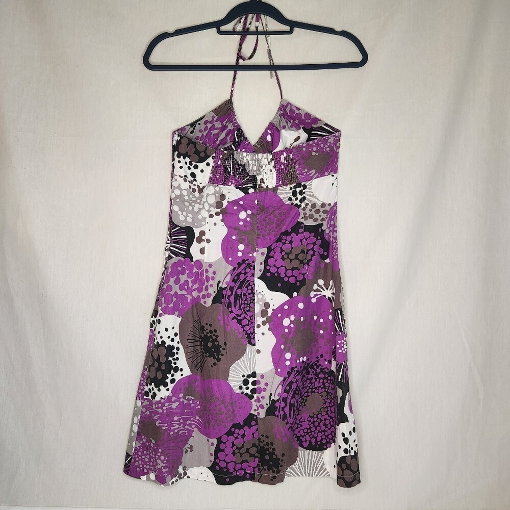 H&M Vintage Halter Dress Purple White Black Floral Patterned Womens  Size 8 #Y2k